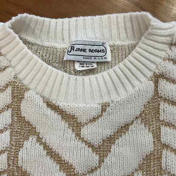 Vintage Sweater 80s Size M Jane Adams Oversized Cream Gold Metallic - Picture 4 of 11